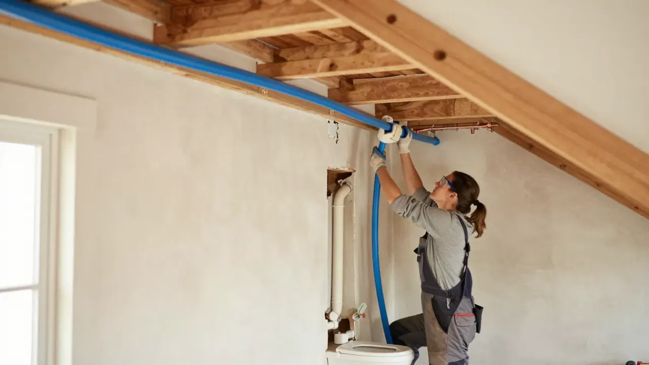 Repiping in Baldwin Park, California: repipe specialist navigating through an attic space, pulling a long length of blue PEX
